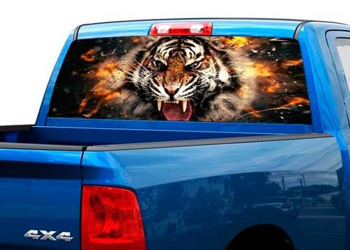 Tijger in vlammen Achterruit Grafische Sticker Sticker Truck SUV Geperforeerd vinyl