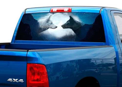 Wolf zwart-wit op de maan Achterruit Sticker Sticker Pick-up Truck SUV 2