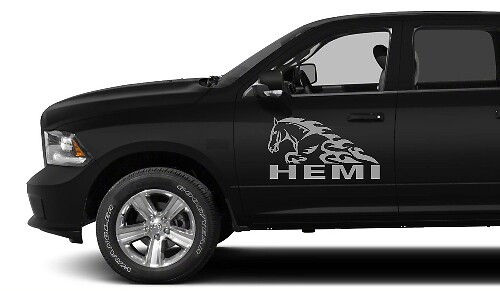 2X DODGE HEMI HORSE IN FLAME DECAL HEMI 3.7 V8 RAM 1500 grafische vinylstickers