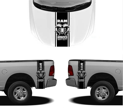 HEMI-stijl motorkap- en achterzijstroken vinyl decalset voor Dodge Ram 1500 2500