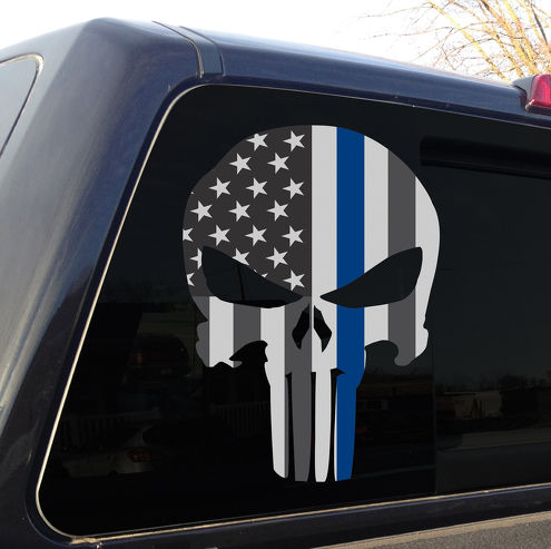 Punisher schedel politie dunne blauwe lijn Amerikaanse vlag sticker sticker afbeelding