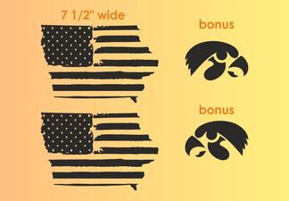 Jeep Kaart van Iowa, een vlag van de staat Verenigde Staten Verontruste Wrangler-emblemen links en rechts