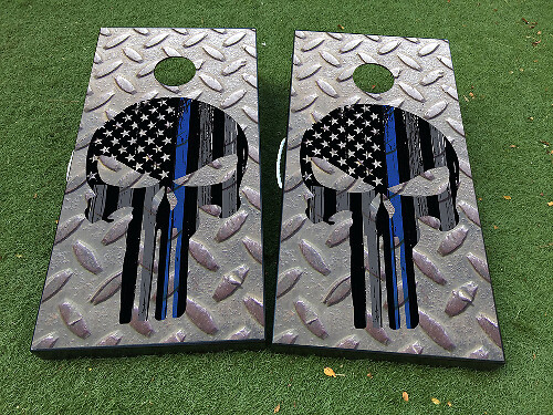 Punisher-Stijl USA Vlag Dunne Blauwe Lijn Stalen Cornhole Board Wrap Decal Set