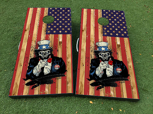 Skeleton Uncle Sam Amerikaanse Vlag Cornhole Board Vinyl Decal Wrap Set