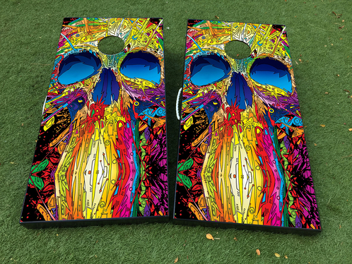 Kleurrijke Skull art Cornhole Board Game Decal VINYL WRAPS met GELAMINEERD