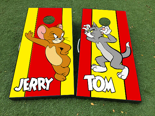 Tom en Jerry Cartoon Cornhole Board Vinyl Wrap Decal Set met Matte Laminering