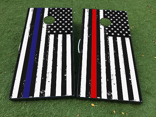 Verweerde Amerikaanse Vlag Dunne Blauwe en Rode Lijn Cornhole Bord Decal Wrap Set