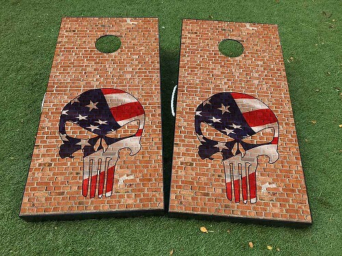 Brick Wall Punisher-Stijl USA Vlag Schedel Cornhole Bord Vinyl Wrap Decal Set_1