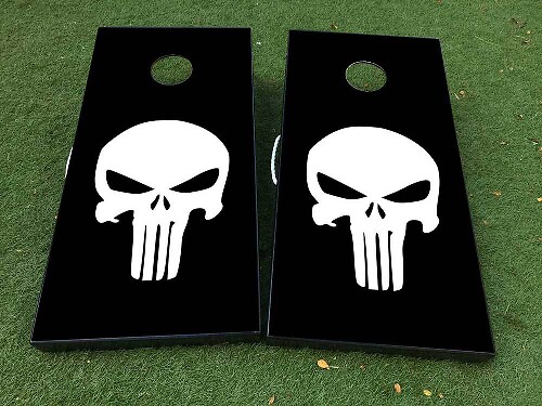 Zwart-wit Punisher-stijl Schedel Cornhole Bord Vinyl Wrap Decal Set