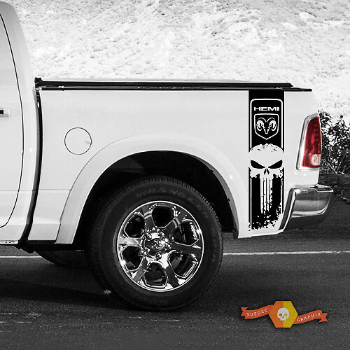 Punisher Skull Hemi Stijl Bedside Strepen Vinyl Decal voor Dodge Ram 1500-3500