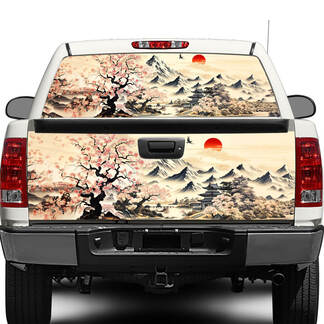 Traditionele Japanse Sumie schilderij Sakura achterruit of achterklep sticker Sticker Pick-up Truck SUV auto
