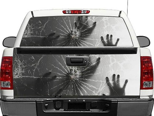 Handen achter gebroken glas achterruit- of achterkleplabel voor Pickup Truck SUV
