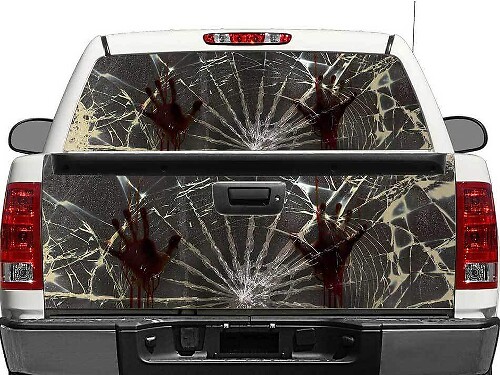 Zombie handen gebroken glas achterruit- of achterklepsticker voor trucks en SUV