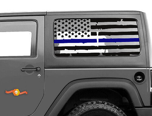 Versleten USA-vlag blauwe lijn zijraam vinyl decal set voor Jeep Wrangler JK