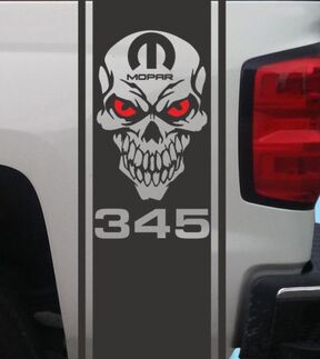 Dodge Ram 345 HEMI Mopar schedel achterbed vinyl sticker strepen vrachtwagen graphics twee kleuren
