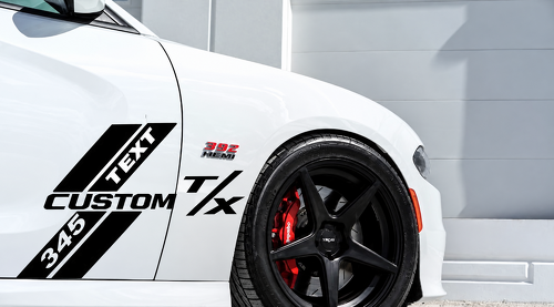 345 Hemi R/T Style Custom TEXT CUSTOM T/X Hash Stripes — Vinylsticker (zijkant, deur, spatbord) voor Dodge Charger 2011-2014