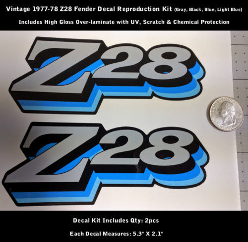 Z28 Camaro Sticker Decal Kit 2 stuks Spatbord 1977 1978 Vintage Blues 5.3 