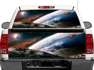 Kosmische ruimte maan aarde rust Achterruit OF achterklep Sticker Sticker Pick-up Truck SUV Auto