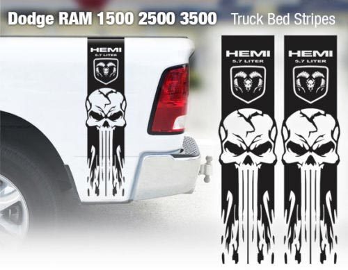 Skull & Flame Stijl Strepen Bedside Vinyl Decal Sticker voor Dodge Ram 3500