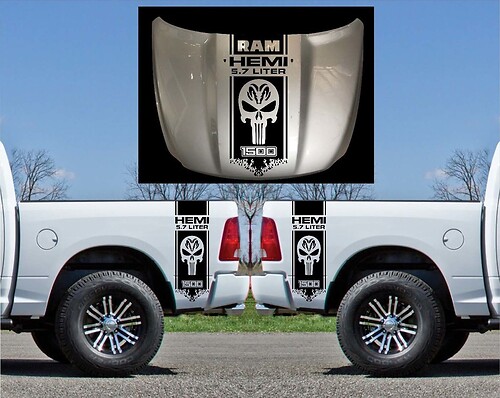 Punisher & Hemi Stijl Strepen Motorkap Zijpaneel Vinyl Decal Sticker voor Dodge Ram 1500