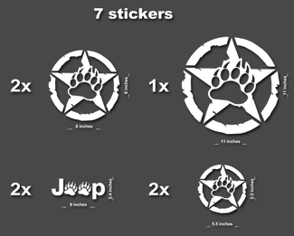 7x Jeep Bear Claw STAR Decal stickers motorkap deurspatbord TJ JK CJ YJ JL rubicon