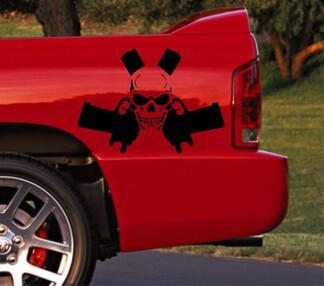 Truck auto vinyl sticker race streep Dodge Ram achterbed schedel logo pistool beide zijden