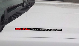 8.1L Vortec Hood Vinyl Decal Sticker: Chevrolet Silverado GMC Sierra (Block) Zwarte achtergrond