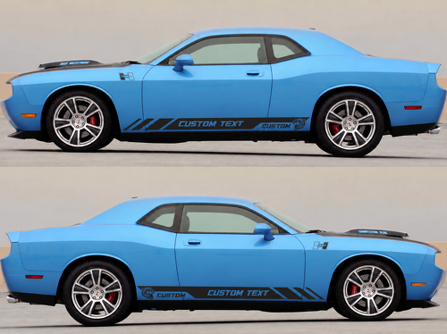 Hellcat Style CUSTOM TEXT Rocker Stripe Pair — Vinylsticker (dorpel) voor Dodge Challenger 2009-2018