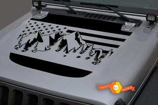Hood Vinyl Forest Mountains USA Vlag Blackout Decal Sticker voor 18-19 Jeep Wrangler JL #1
