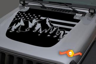 Hood Vinyl Forest Mountains USA Vlag Blackout Decal Sticker voor 18-19 Jeep Wrangler JL #2
