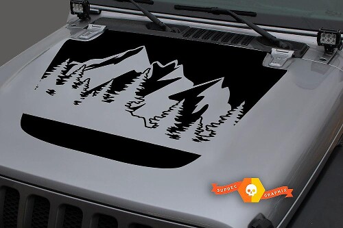 Hood Vinyl Forest Mountains Blackout Decal Sticker voor 18-19 Jeep Wrangler JL #10
