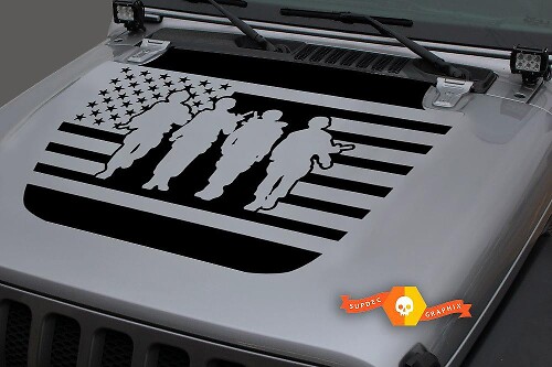 USA Vlag Soldaten Silhouet Motorkap Vinyl Decal Sticker voor Jeep Wrangler 2018-2019