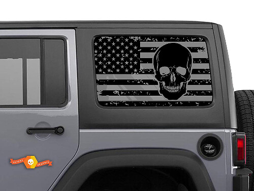 Beschadigde USA Vlag Skull Zijruit Vinyl Decal Set voor Jeep Wrangler Hardtop