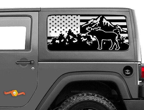 USA vlag Moose Mountain sticker voor Jeep Wrangler hardtop achterruit
