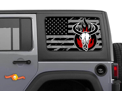 Versleten USA-vlag stierenschedel zijraam vinylsticker set voor Jeep Wrangler Hardtop