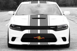 2015 en later Dodge Challenger SRT / HELLCAT-stijl dubbele strip met rand Honingraat Rally Stripe-stickerset
