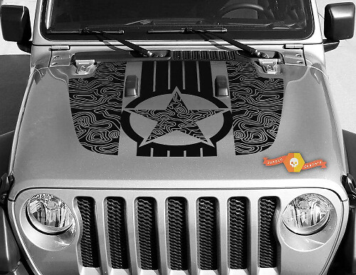 Military Star Topografische Kaart Motorkap Vinyl Decal voor Jeep Wrangler en Gladiator