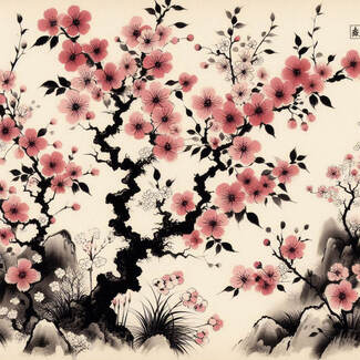 Traditioneel Japans sumie schilderij van Sakura Print sticker
