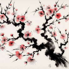 Traditioneel Japans sumie schilderij van Sakura Print sticker
 2