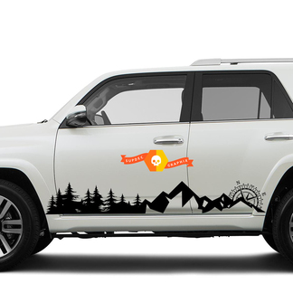 Side Trees Mountains and Compass Rocker side travel Vinyl Sticker Sticker geschikt voor Toyota 4Runner 2013 - 2020 TRD Vijfde generatie

