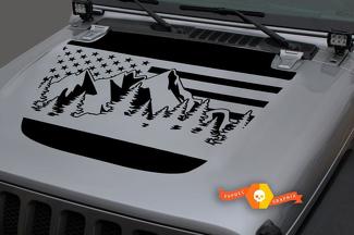 Jeep 2018-2021 Gladiator JT Wrangler JL JLU Hood Usa Flag Mountains Forest Unieke Vinyl sticker Sticker Graphics
