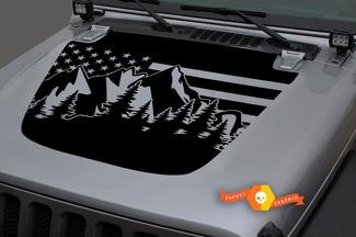 Jeep 2018-2021 Gladiator JT Wrangler JL JLU Hood Usa Flag Mountains Forest Vinyl sticker Sticker Graphics
