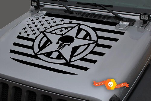 Skull Military Star USA Vlag Motorkap Vinyl Sticker voor Jeep Wrangler JL JLU & Gladiator JT