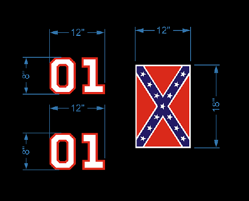 General Lee-stijl vlag en 01 nummer vinyl decal kit