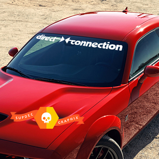 DODGE Direct Connection-banner voor stickers met stickers op de voorruit van Challenger
