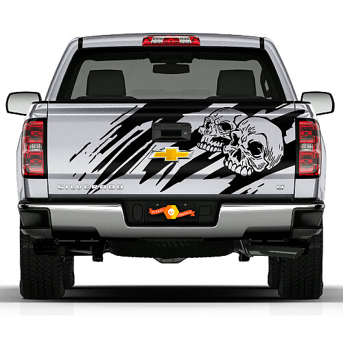 Skull Versleten Ontwerp Achterklep Vinyl Decal voor Chevrolet Silverado