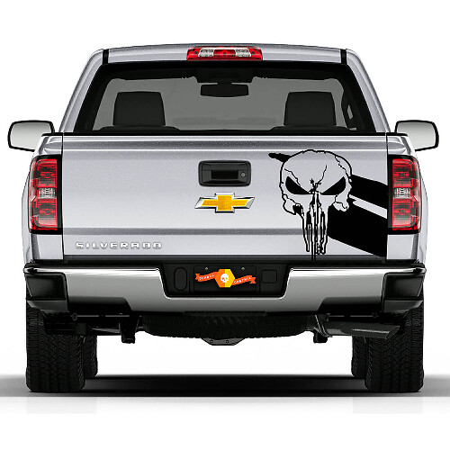 Punisher Skull Dubbele Strepen Achterklep Vinyl Sticker Decal voor Chevy Doodge Toyota Jeep Trucks